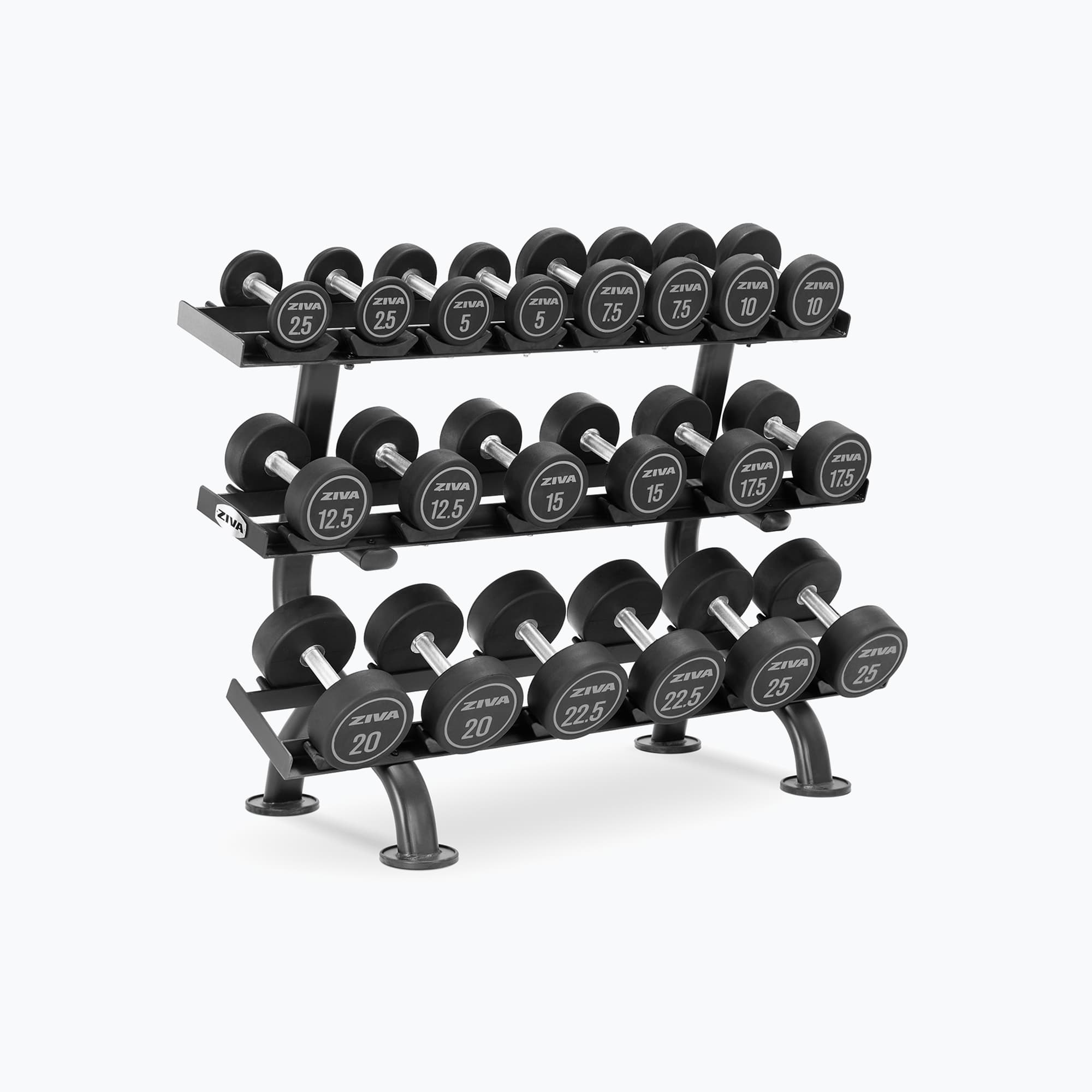 PERFORMANCE VIRGIN RUBBER DUMBBELL SETS + 3-TIER, 10-PAIR ROUND DUMBBELL RACK WITH SADDLES