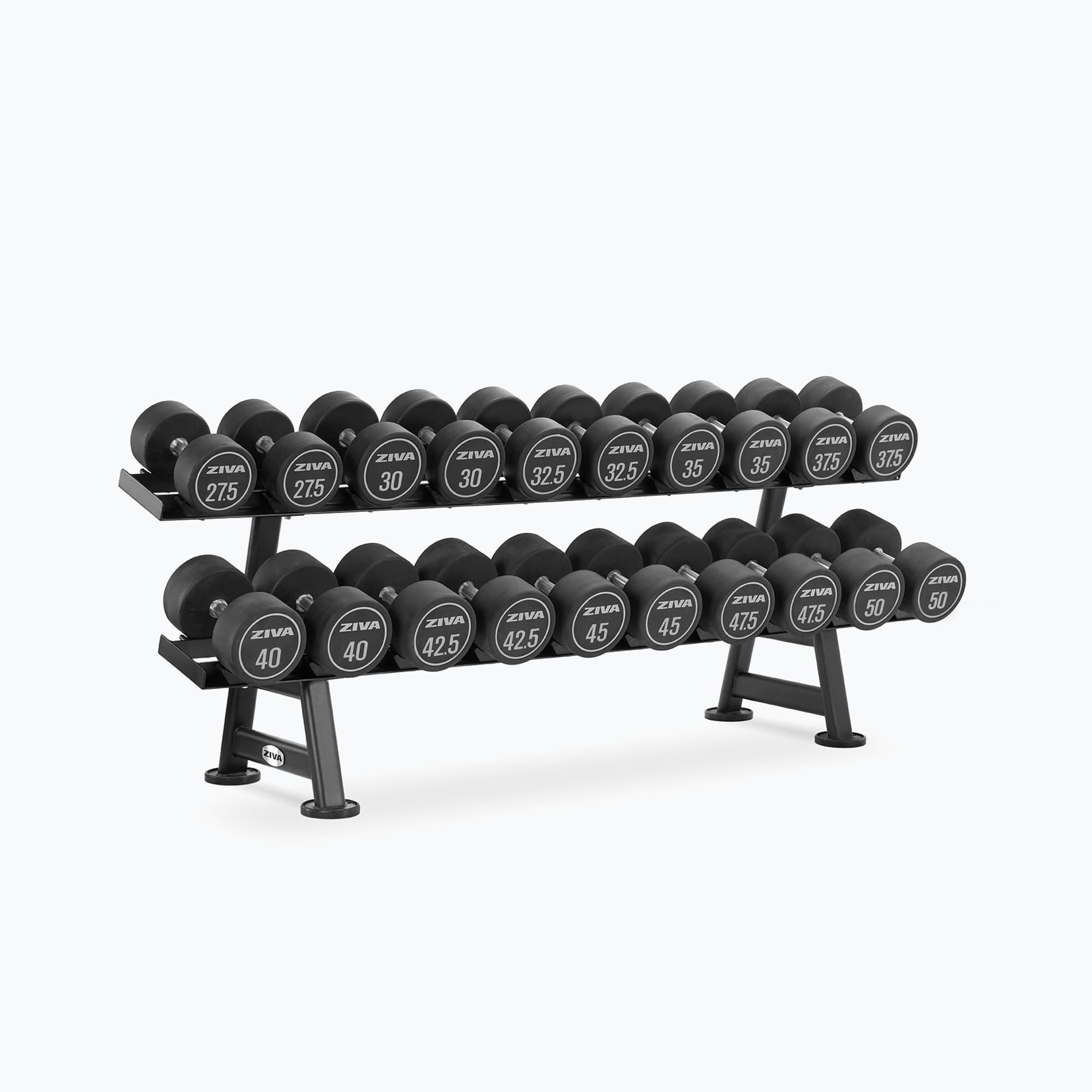 PERFORMANCE VIRGIN RUBBER DUMBBELL SETS + 2 TIER, 10 PAIRS RACK WITH SADDLES