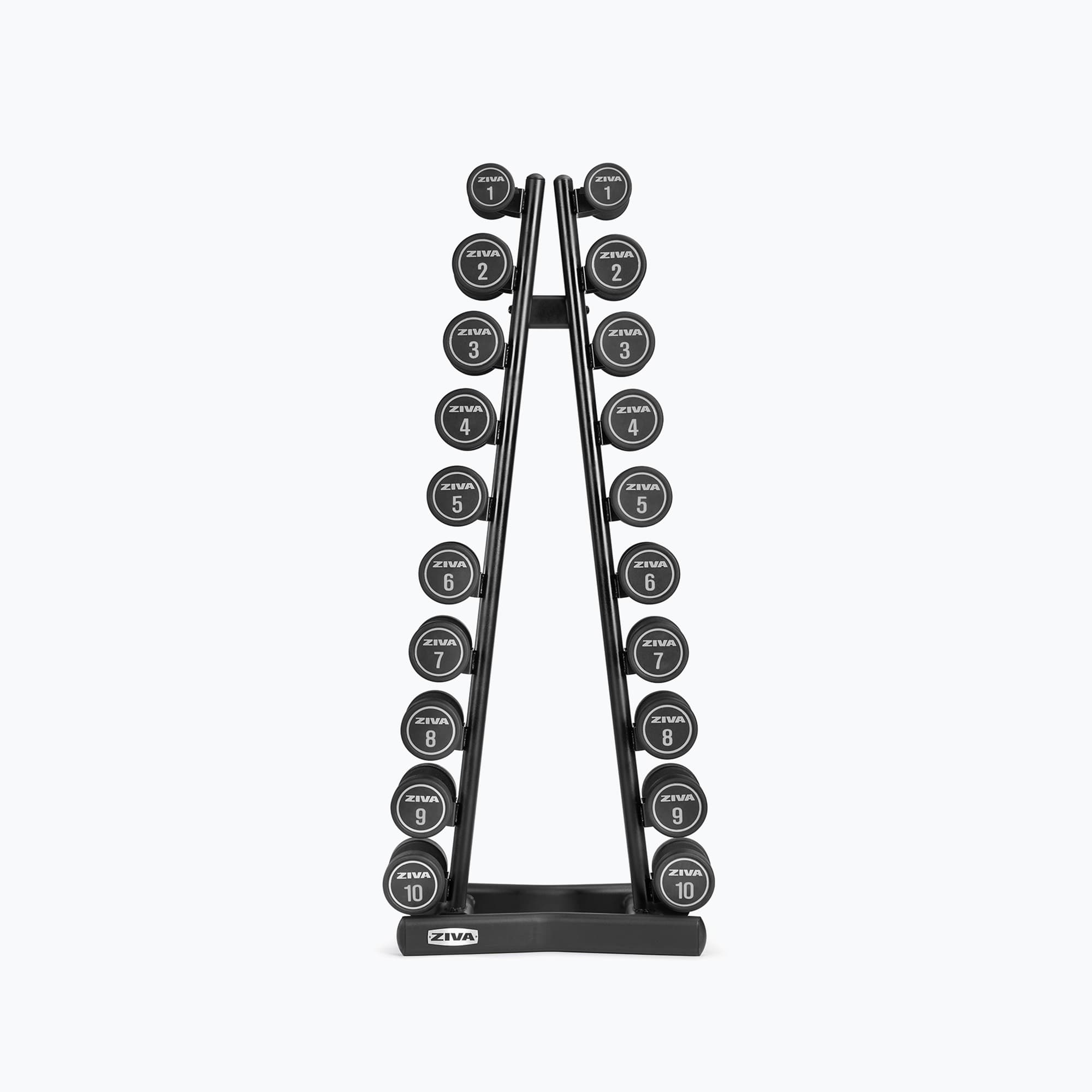 PERFORMANCE VIRGIN RUBBER DUMBBELL SET (10-PAIRS) 1-10KG, 110KG + 1-10KG DUMBBELL PYRAMID