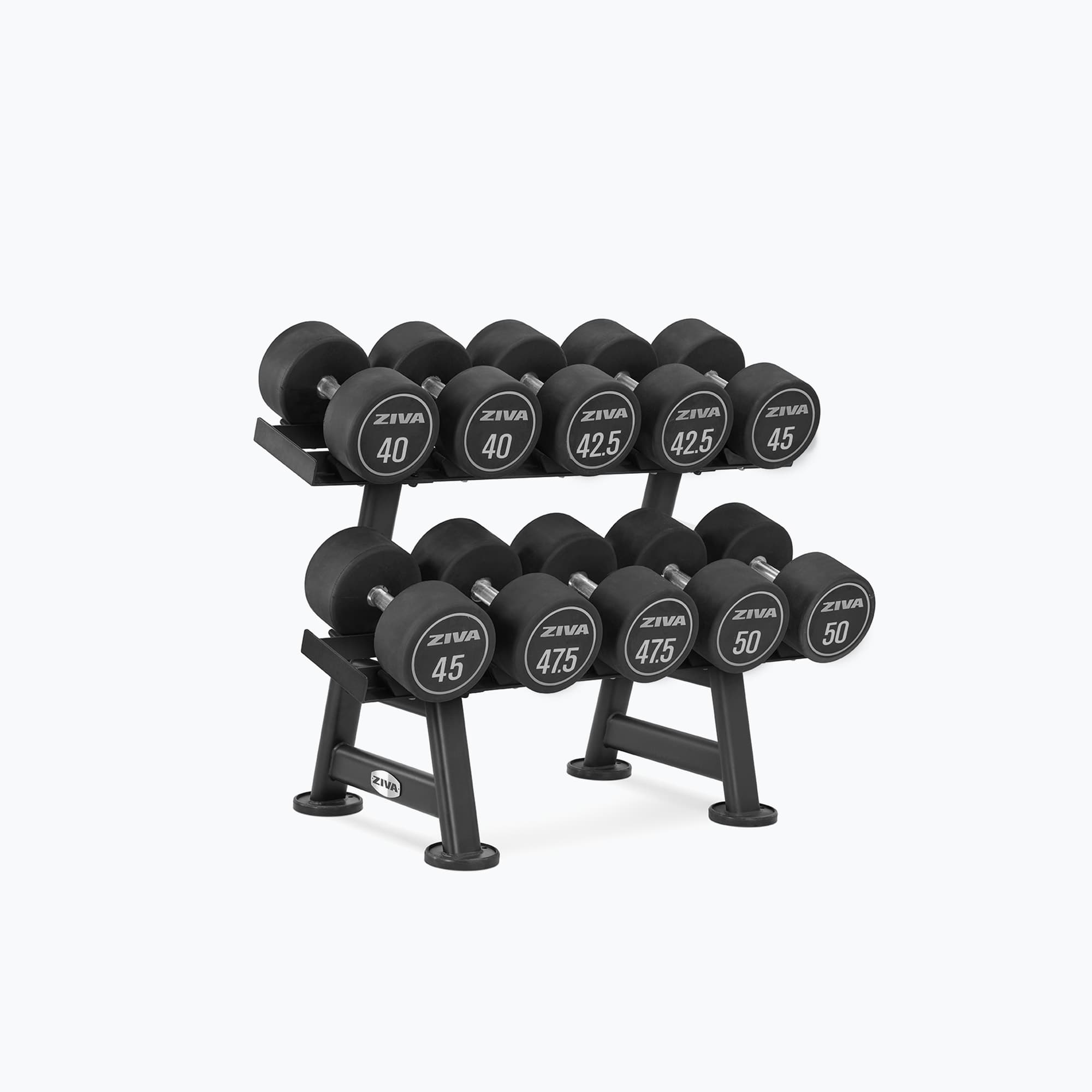 PERFORMANCE VIRGIN RUBBER DUMBBELL SETS + 2 TIER, 5 PAIRS RACK WITH SADDLES