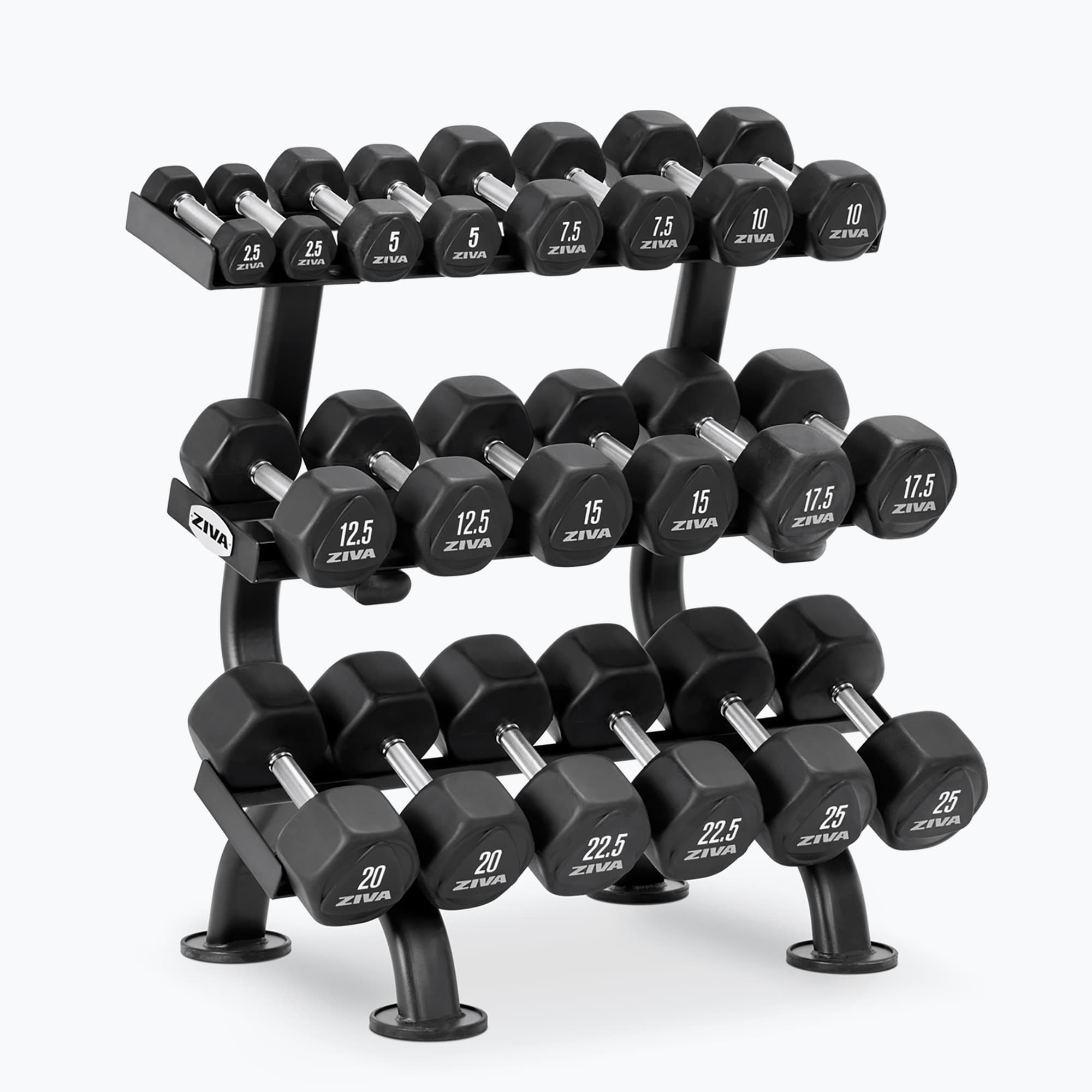 PERFORMANCE HEXAGON RPU DUMBBELL SETS + 3 TIER DUMBBELL RACK